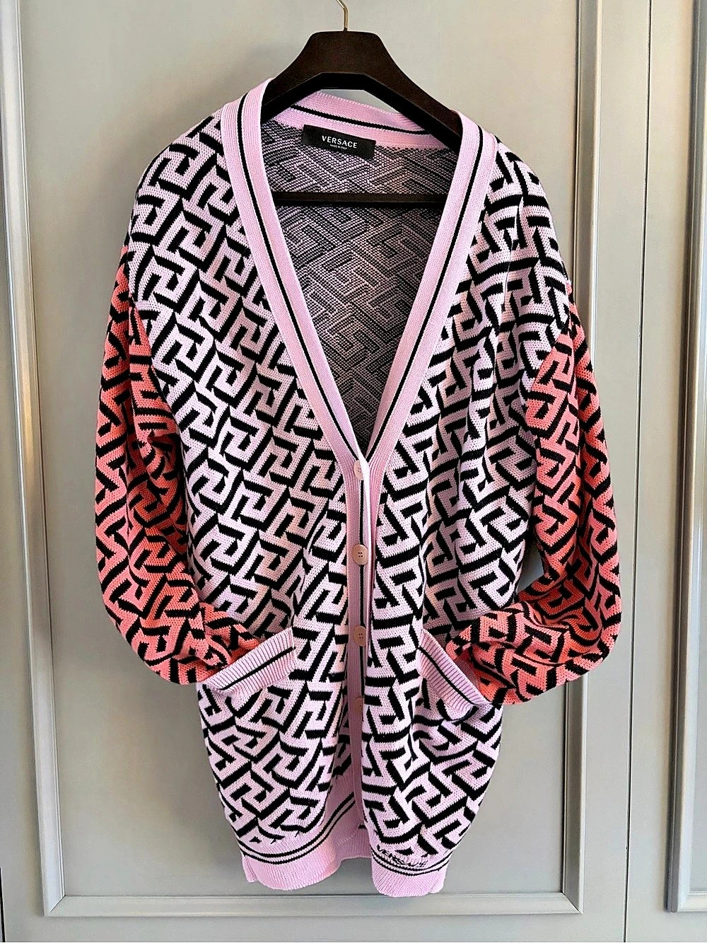 Versace La Greca Print Cardigan in Pink & Black